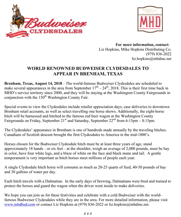 Budweiser Clydesdales Press Release